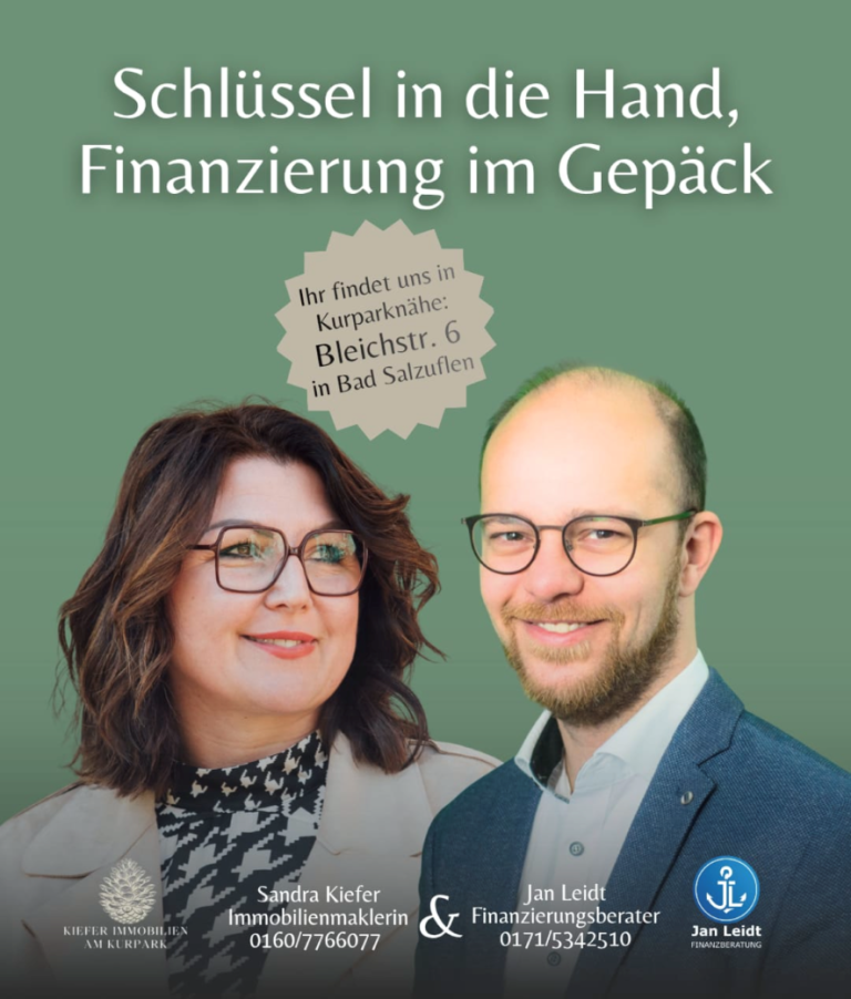 Flyer für Immobilien- und Finanzierungsberatung Flyer für Immobilien- und Finanzierungsberatung durch Sandra Kiefer und Jan Leidt in Bad Salzuflen an der Bleichstraße 6.